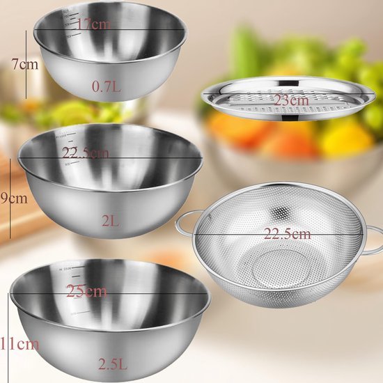 Unyqoos® Mengkommen set met roestvrijstalen zeef en multifunctionele rasp, perfect voor elke keuken