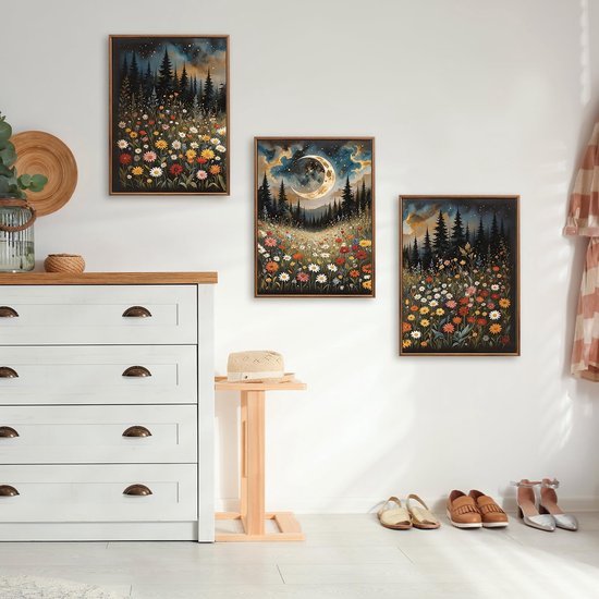 Unyqoos® Ingelijste canvas set met avondbloemen en bergen voor sfeervol interieur