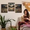 Unyqoos® Ingelijste canvas set met avondbloemen en bergen voor sfeervol interieur
