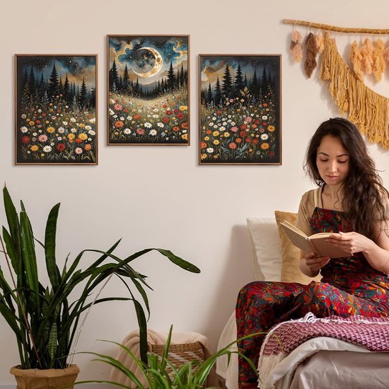 Unyqoos® Ingelijste canvas set met avondbloemen en bergen voor sfeervol interieur