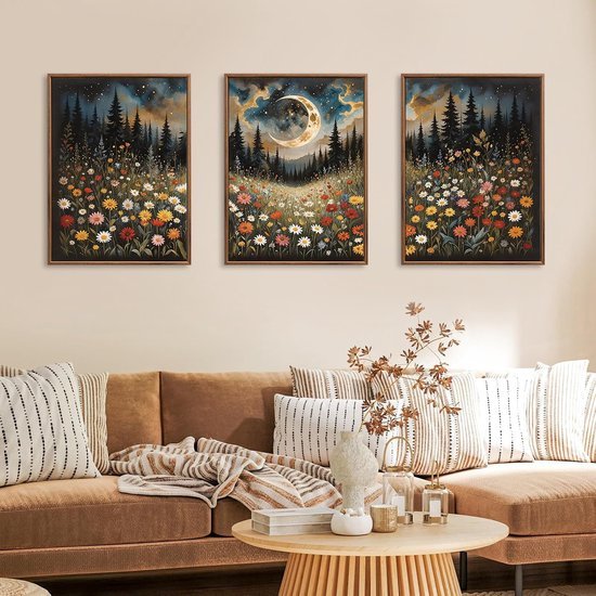 Unyqoos® Ingelijste canvas set met avondbloemen en bergen voor sfeervol interieur