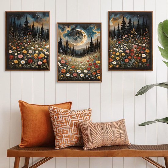 Unyqoos® Ingelijste canvas set met avondbloemen en bergen voor sfeervol interieur