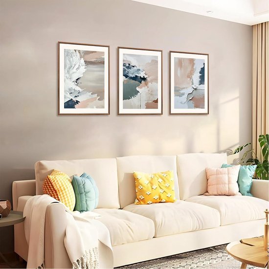 Unyqoos® Set van drie abstracte canvas kunstwerken in pastelkleuren voor elk interieur