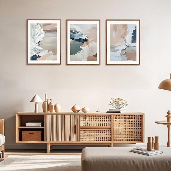 Unyqoos® Set van drie abstracte canvas kunstwerken in pastelkleuren voor elk interieur