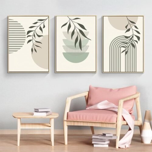 Unyqoos® Geometrische Lijnkunst en Groene Plant Canvasprints voor Interieurdecoratie