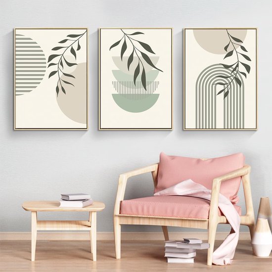 Unyqoos® Geometrische Lijnkunst en Groene Plant Canvasprints voor Interieurdecoratie