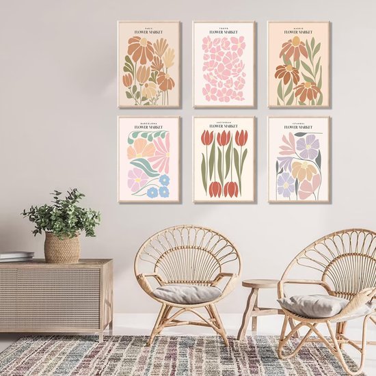 Unyqoos® Bloemenmarkt Esthetische Vintage Posterset van 6 Stuks voor Woon- en Slaapkamerdecoratie