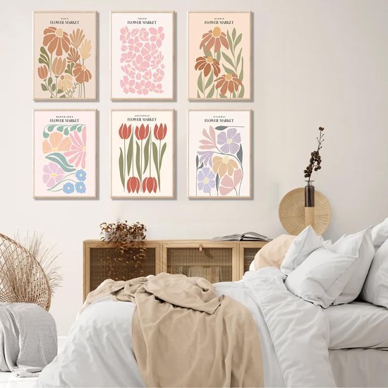 Unyqoos® Bloemenmarkt Esthetische Vintage Posterset van 6 Stuks voor Woon- en Slaapkamerdecoratie