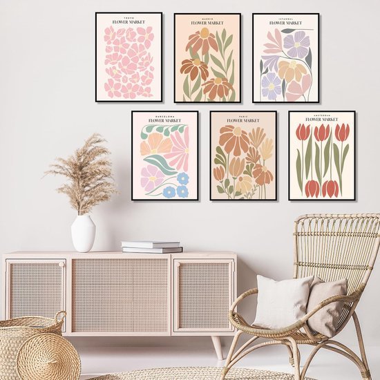 Unyqoos® Bloemenmarkt Esthetische Vintage Posterset van 6 Stuks voor Woon- en Slaapkamerdecoratie
