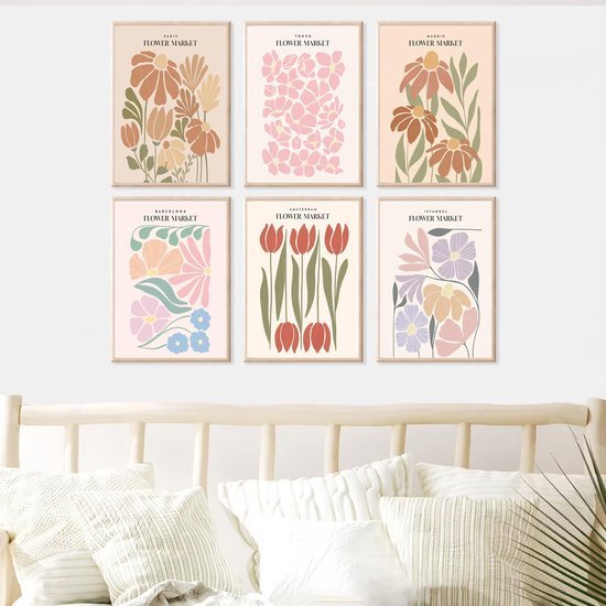 Unyqoos® Bloemenmarkt Esthetische Vintage Posterset van 6 Stuks voor Woon- en Slaapkamerdecoratie
