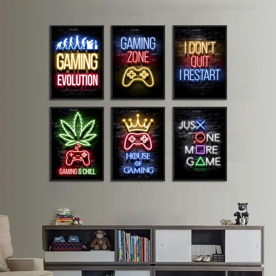 Unyqoos® Unieke Gaming Wanddecoratie Set met Neon Motieven voor Gamers en Tienerkamers