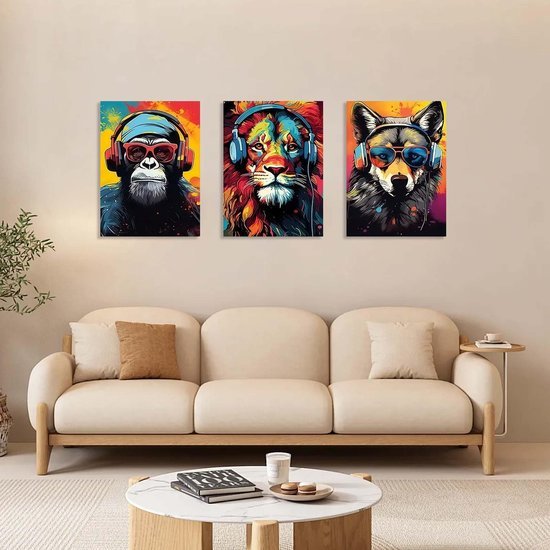 Unyqoos® Stijlvolle 3-delige canvas wanddecoratie set met dieren en hoofdtelefoon 30 x 40 cm