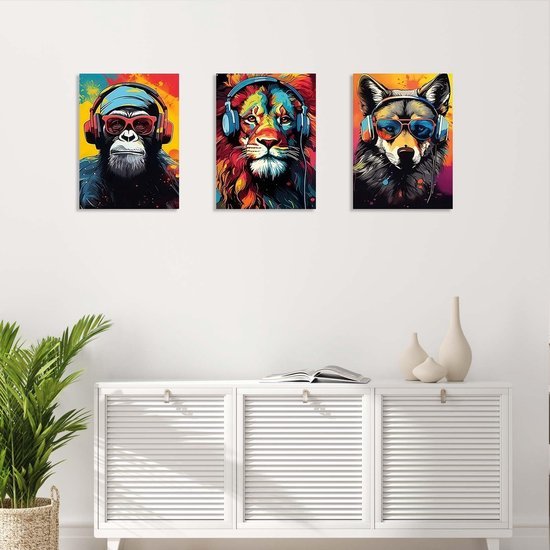 Unyqoos® Stijlvolle 3-delige canvas wanddecoratie set met dieren en hoofdtelefoon 30 x 40 cm