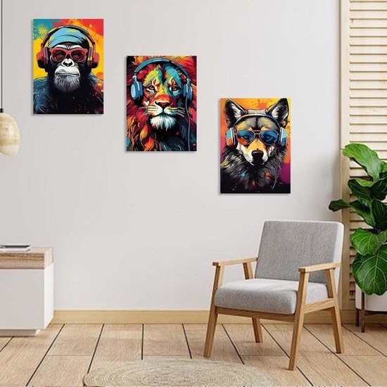 Unyqoos® Stijlvolle 3-delige canvas wanddecoratie set met dieren en hoofdtelefoon 30 x 40 cm