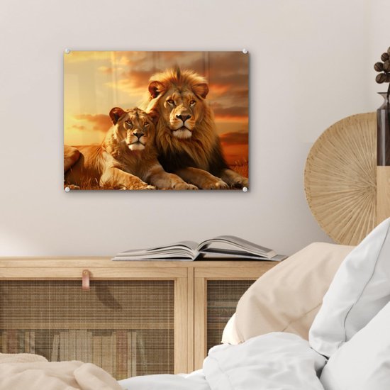Unyqoos® Moderne wanddecoratie op glas met leeuw in Afrikaanse savanne