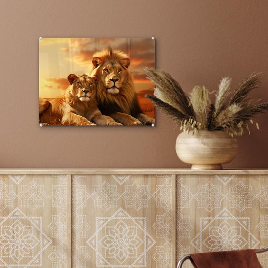Unyqoos® Moderne wanddecoratie op glas met leeuw in Afrikaanse savanne
