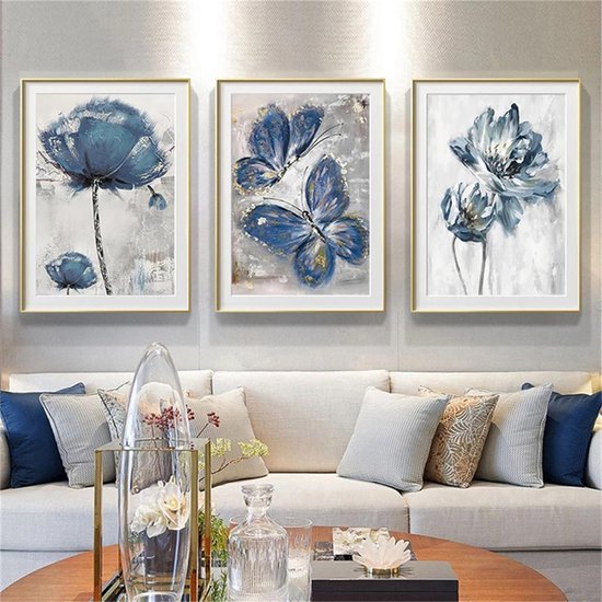 Unyqoos® Set van 3 Blauwe Posters met Scandinavisch Design voor Moderne Interieurs