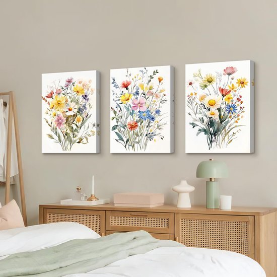 Unyqoos® Set van 3 canvas schilderijen met wilde bloemen voor stijlvolle wanddecoratie