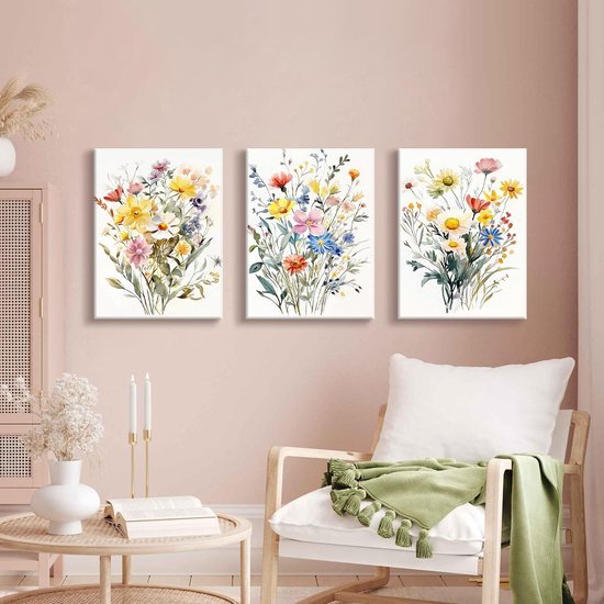 Unyqoos® Set van 3 canvas schilderijen met wilde bloemen voor stijlvolle wanddecoratie