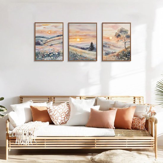 550x550-44840.jpg Unyqoos® Set van drie aquarel canvasprints in boho stijl met zonsondergang en bloemen