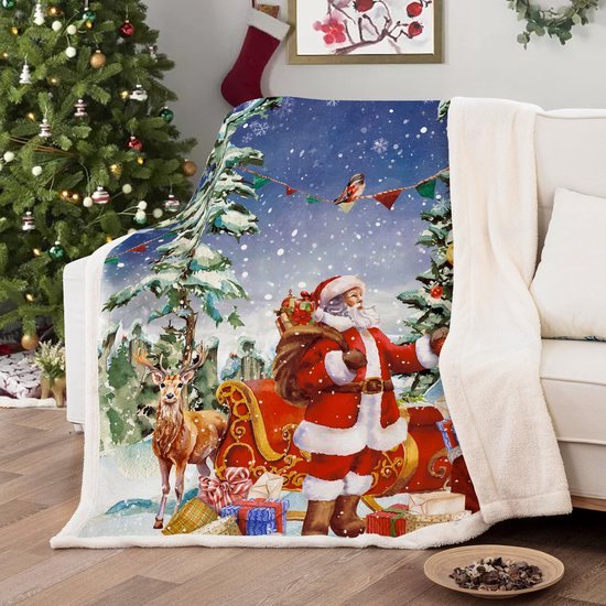 Unyqoos® Omkeerbare rode kerstsherpadeken met feestelijke print voor bank of bed