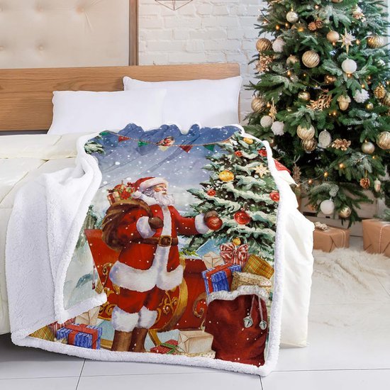 Unyqoos® Omkeerbare rode kerstsherpadeken met feestelijke print voor bank of bed