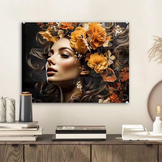 Unyqoos® Kleurrijke glazen wanddecoratie met bloemenportret voor elke kamer