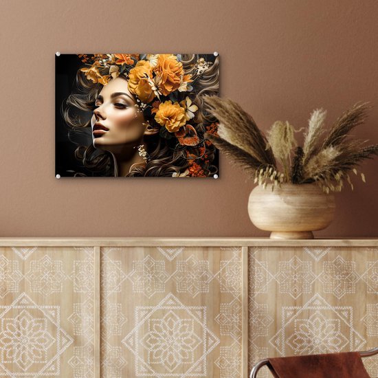 Unyqoos® Kleurrijke glazen wanddecoratie met bloemenportret voor elke kamer