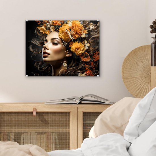 Unyqoos® Kleurrijke glazen wanddecoratie met bloemenportret voor elke kamer