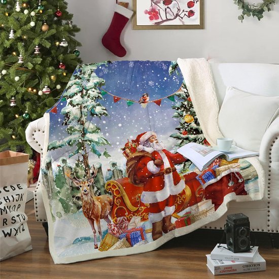 Unyqoos® Omkeerbare rode kerstsherpadeken met feestelijke print voor bank of bed