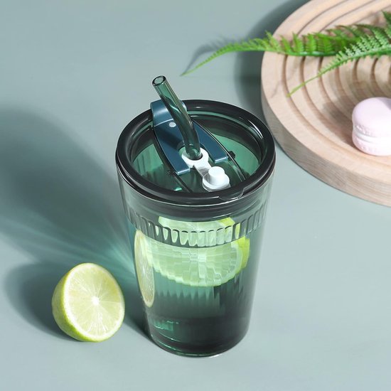 450 ml Groene Drinkbeker met Deksel en Rietje - Set van 2 Glazen Smoothiebekers met Rietje - Koffiebeker met Rietje voor Sap, Koffie, Water, Thee