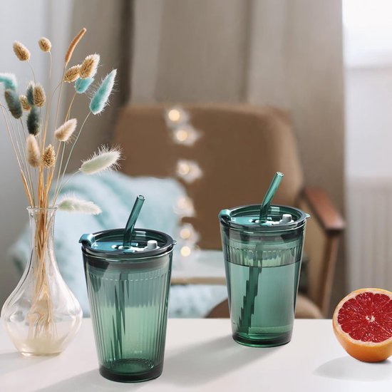 450 ml Groene Drinkbeker met Deksel en Rietje - Set van 2 Glazen Smoothiebekers met Rietje - Koffiebeker met Rietje voor Sap, Koffie, Water, Thee