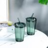 450 ml Groene Drinkbeker met Deksel en Rietje - Set van 2 Glazen Smoothiebekers met Rietje - Koffiebeker met Rietje voor Sap, Koffie, Water, Thee