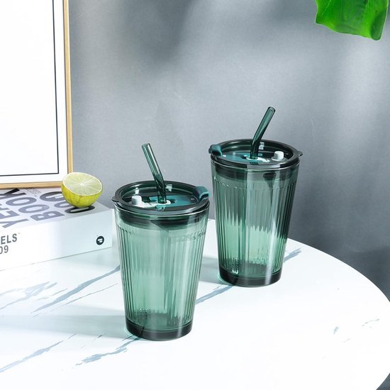 450 ml Groene Drinkbeker met Deksel en Rietje - Set van 2 Glazen Smoothiebekers met Rietje - Koffiebeker met Rietje voor Sap, Koffie, Water, Thee