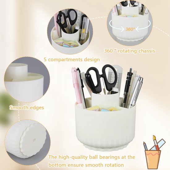 Unyqoos® Draaibare witte bureau-organizer met vijf ruime vakken voor pennen en meer Unyqoos® Draaibare witte bureau-organizer met vijf ruime vakken voor pennen en meer
