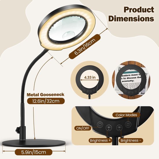 Unyqoos® Handsfree vergrootglas met verstelbare lamp en flexibele zwanenhals voor diverse toepassingen