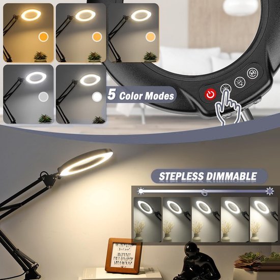 Unyqoos® Dimbare LED Vergrootlamp met Standaard en Klem voor Precisiewerk