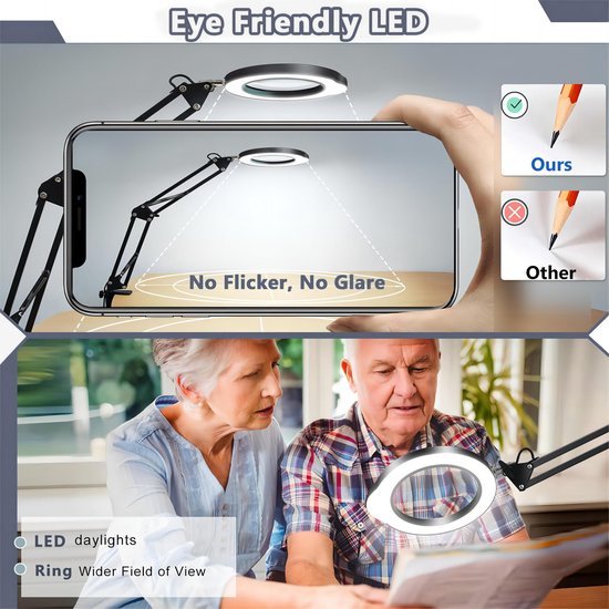 Unyqoos® Dimbare LED Vergrootlamp met Standaard en Klem voor Precisiewerk