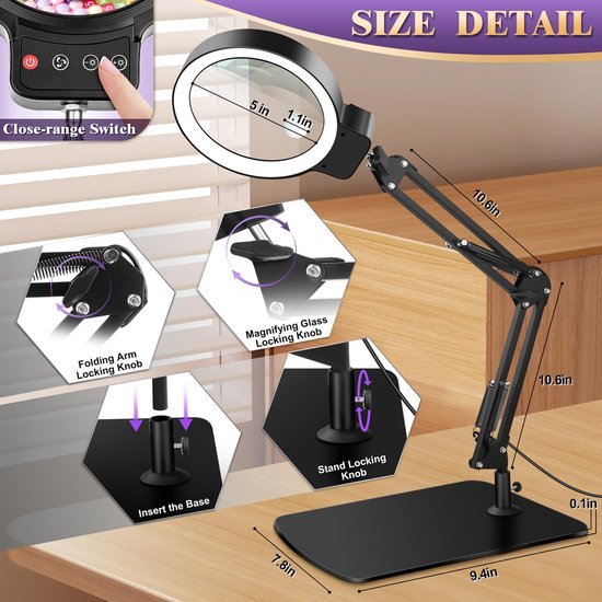 Unyqoos® LED Vergrootglaslamp met Dimfunctie en Standaard voor Hobby en Werk