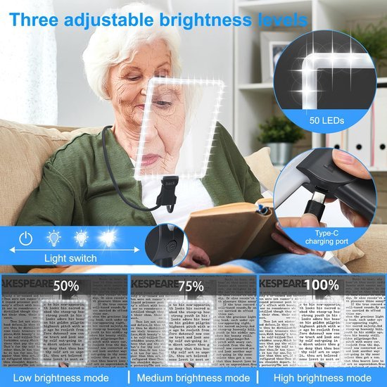 Unyqoos® Verlichte leesloep met verstelbare vergroting en handsfree gebruik voor gemak