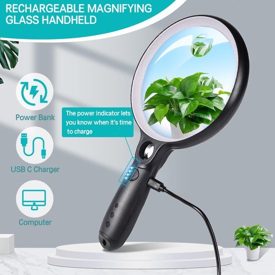 Unyqoos® Oplaadbaar vergrootglas met LED-verlichting en variabele vergrotingen voor lezen