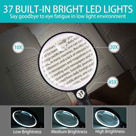Unyqoos® Oplaadbaar vergrootglas met LED-verlichting en variabele vergrotingen voor lezen