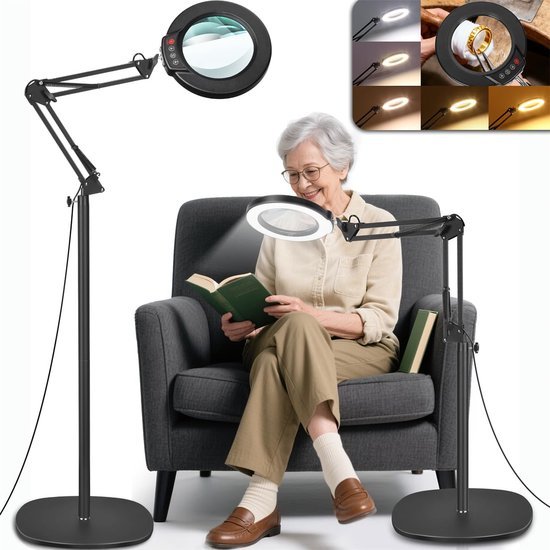 Unyqoos® Dimbare vloerlamp met vergrootglas en flexibele arm voor hobby en werk