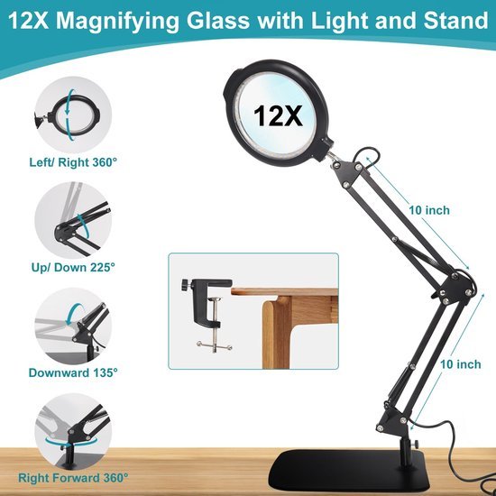 Unyqoos® Verstelbaar vergrootglas met verlichting en klem voor precisiewerk en lezen