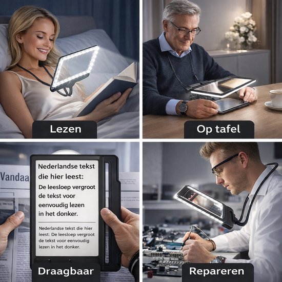 Unyqoos® Hands-free Vergrootglas met LED-verlichting en Flexibele Zwanenhals voor Lezen