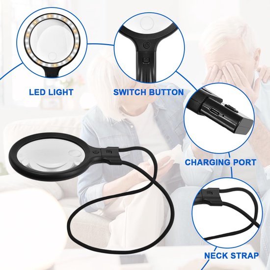 Unyqoos® Handsfree leesloep met LED verlichting en verstelbare vergroting voor senioren