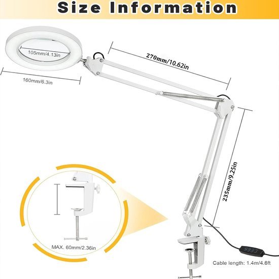 Unyqoos® Dimbare LED Vergrootlamp met Klem en Standaard voor Precies Werk en Lezen