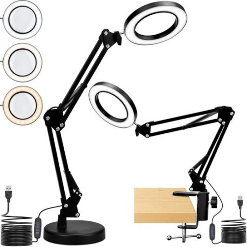 Unyqoos® Dimbare LED Bureaulamp met Vergrootglas en Klem voor Diverse Toepassingen