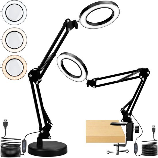 Unyqoos® Dimbare LED Bureaulamp met Vergrootglas en Klem voor Diverse Toepassingen