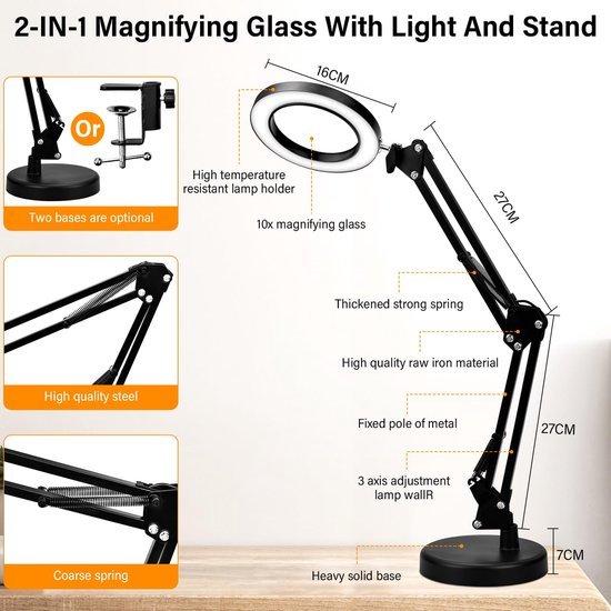 Unyqoos® Dimbare LED Bureaulamp met Vergrootglas en Klem voor Diverse Toepassingen